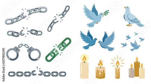 Fotografía Set of icons representing freedom, peace, and hope, including broken chains, handcuffs, doves, and candles