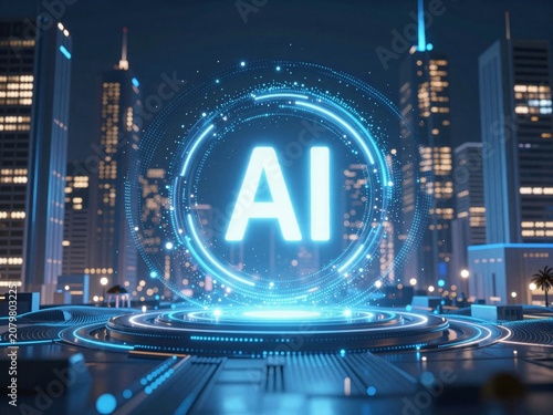 Futuristic AI hologram glowing with 'AI' text over a neon-lit city skyline at night