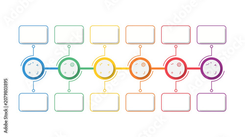 Colorful timeline infographic template with six steps and text boxes on white background