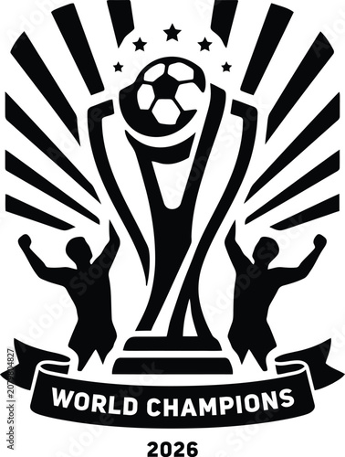 Cuadro en lienzo Black and white illustration of soccer trophy with champions