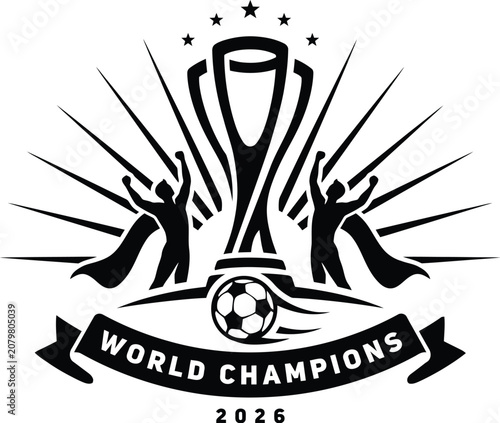 Foto Black and white soccer trophy icon with world champions text