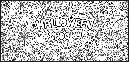 Intricate halloween doodle art with spooky elements and hand lettered typography