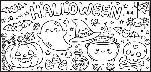 Halloween coloring page for kids with cartoon characters