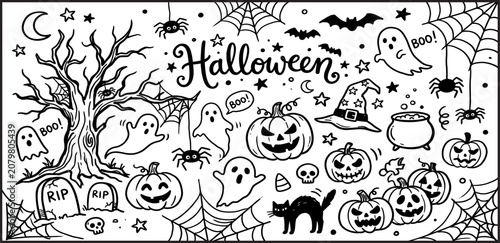 Halloween themed coloring page for kids and adults with spooky illustrations