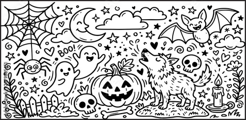Halloween themed coloring page for kids with spooky and friendly characters