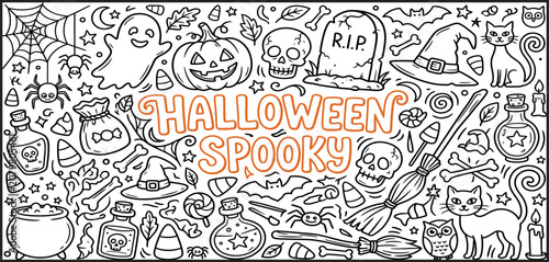 Halloween spooky doodle collection black and white line art for coloring pages and seasonal designs