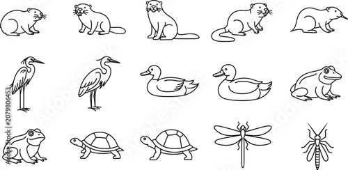 Fotografía Wetland Animals Coloring Page Line Art Set with Beaver Otter Muskrat Heron Duck