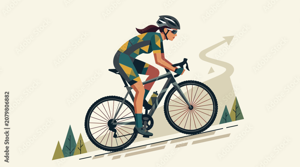 Obraz premium Woman cyclist riding uphill on winding road with arrow path