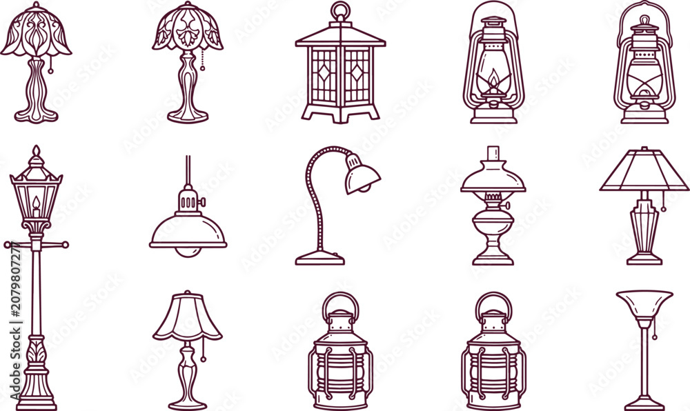 Naklejka premium Collection of diverse lighting fixtures, including street lamps, pendant lights, table lamps, and lanterns in a clean, dark brown line style