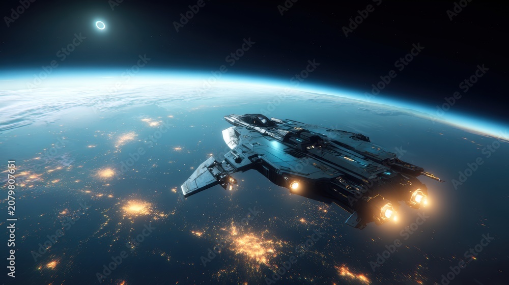 Naklejka premium Space universe exploration, fantasy. A vivid, highresolution digital artwork depicts a futuristic spaceship soaring above a vast expanse of space. The spaceship, predominantly black and silver.