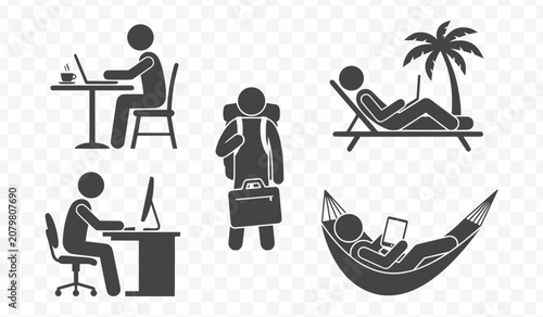 Remote Work Silhouettes Illustration Set of Freelancers Using Laptops in Home and Travel Settings