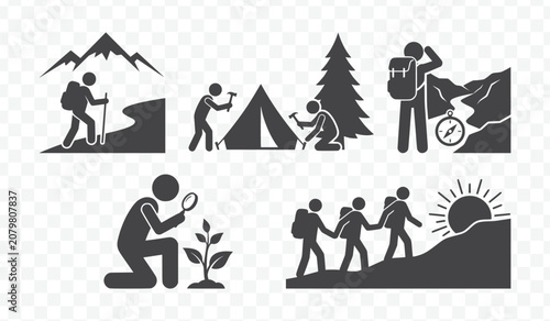 Hiking Camping Adventure Silhouettes with Backpacks and Tent in Minimalist Black Vector Style