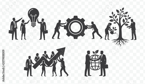 Corporate Business Teamwork and Growth Concepts in Minimalist Line Art Silhouettes
