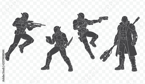 Futuristic Cyberpunk Warriors in Dynamic Action Poses Vector Silhouettes