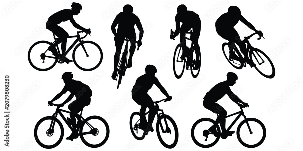 Obraz premium Cyclists Silhouettes on White Background Showing Different Poses and Bicycle Types bicycles various