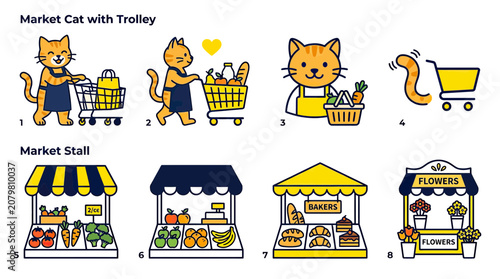 Fotografi Cute Cat Shopping at Market Stall - Groceries, Bakery, Flowers
