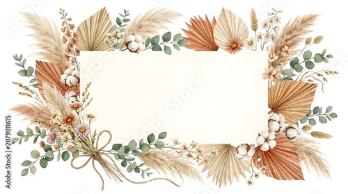Watercolor boho invitation frame featuring pampas grass, dried palm leaves, cotton flowers, eucalyptus, and a rustic twine bow. Perfect for wedding stationery.