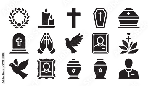 Obraz na plátně Funeral and memorial icon set featuring wreaths crosses urns coffins and prayerful hands