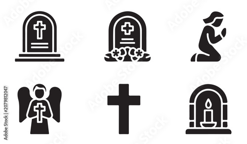 Vászonkép Black silhouette collection of mourning icons featuring tombstones and religious figures