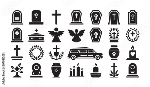 Tablou pe pânză Funeral and burial service icons set containing gravestones coffins and religious symbols