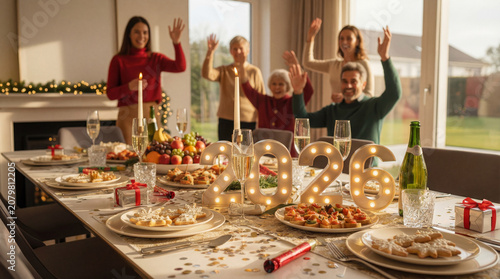 Family celebrating holiday dinner with 2026 decorations