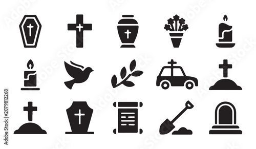 Set of funeral and death related glyph icons collection for cemetery and memorial services.