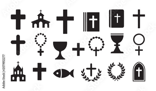Foto Collection of christian and catholic religious icons featuring crosses churches and bibles