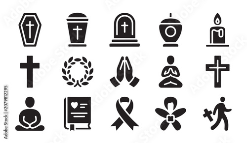 Quadro su tela Funeral and mourning related icon set for memorial services with praying hands and ribbons