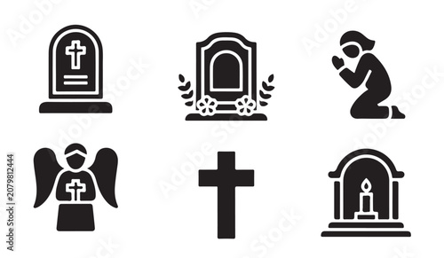 Foto Religious memorial icons set showing praying figures crosses tombstone and candle design