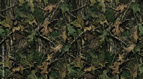 Camouflage forest pattern with oak leaves and tree bark background