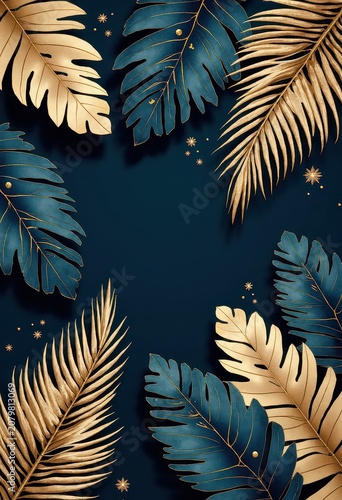 Elegant Gold and Blue Tropical Leaves on Dark Background Design