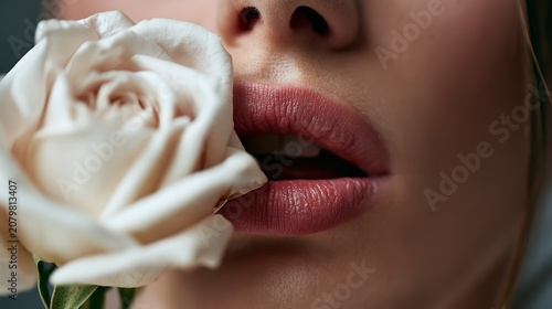 Close-up of a woman's lips and a white rose blossom