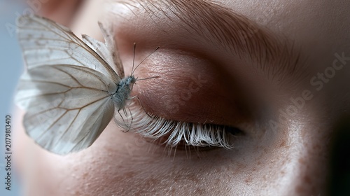 Close-up of a delicate white butterfly resting on a person's eyelashes