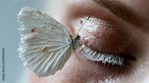 Macro photograph of a white butterfly resting on closed human eye with long eyelashes