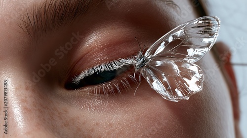 Close-up of a transparent butterfly resting delicately on a person's eyelashes