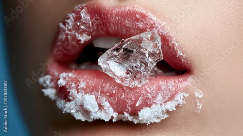 Close-up of Lips with Ice Crystals and Chunk of Ice