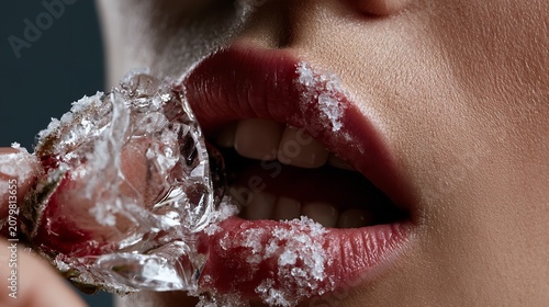 Close-up of a woman's mouth with frost and ice on her lips