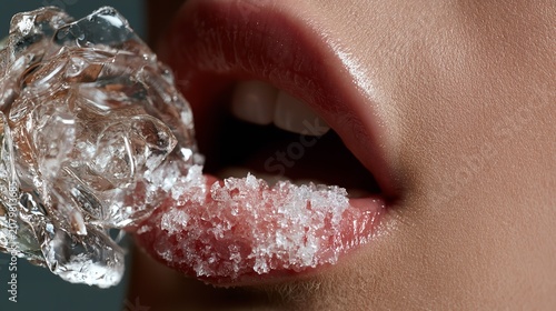 Close-up of lips with ice crystals and sugar scrub for exfoliation