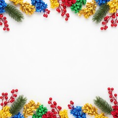 Christmas border on white background with green pine branches, red berries, and colorful painted pine cones in blue, yellow, and green. Flat lay festive design for copy space.