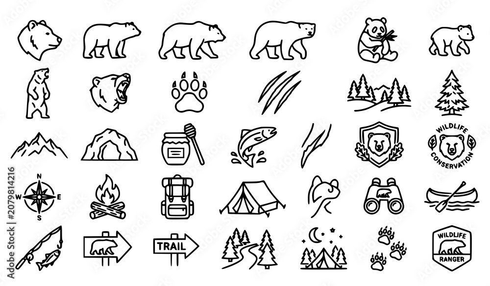 Fototapeta premium Bear and Forest Wildlife Icon Collection with Grizzly Polar Panda Paw Print and Nature Symbols Editable Vector Set