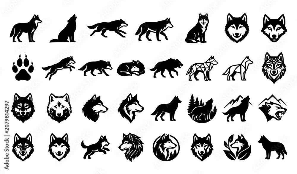Fototapeta premium Wolf Silhouette and Wildlife Vector Icon Collection