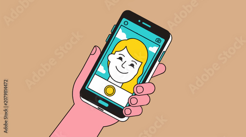 Canvas Print Flat Vector Illustration of a Hand Holding a Smartphone Taking a Selfie, Showing