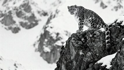 Snow leopard perched on a rocky cliff, camouflage against the snowy mountain landscape, intense gaze, snowy environment, rare and elusive wildlife photography