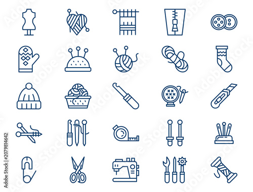 Handmade knitting sewing outline collection presents detailed textile craft elements. Tailoring concept