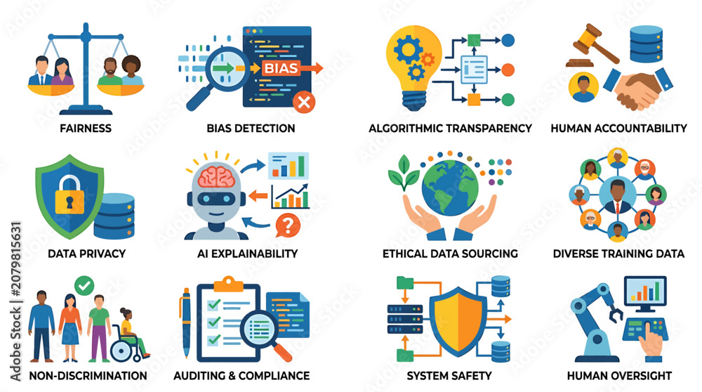 Fototapeta premium AI ethics and line art illustrations depict concepts of algorithmic bias