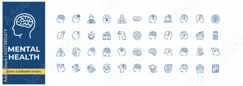 Bild auf Leinwand Mental health icon set with editable stroke for psychology and medical wellness design projects