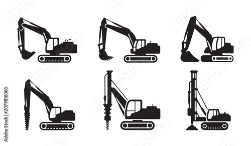 Heavy construction excavator machinery icons for site development and drilling projects.