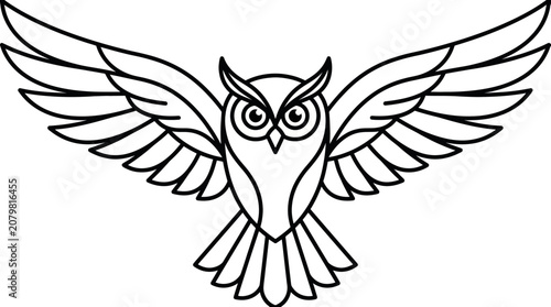 Konstfotografi Flying owl with wide wingspan line icon.