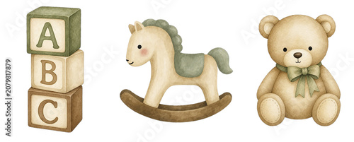 Watercolor Vintage Baby Toys Set - Cute Teddy Bear, ABC Wooden Blocks, and Rocking Horse Clipart for Nursery Decor and Baby Shower Designs (Part of a Matched Set, Other Items Available)