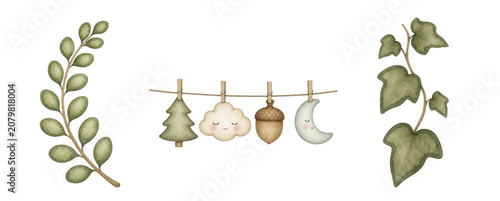 Watercolor Vintage Woodland Baby Collection - Cute Garland with Cloud, Moon, Acorn, Tree, and Ivy Branch Foliage Clipart for Matching Nursery Decor
